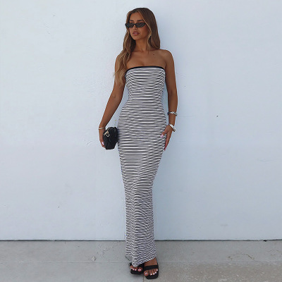 Striped Strapless Waist-Cinching Pencil Long Dress 02