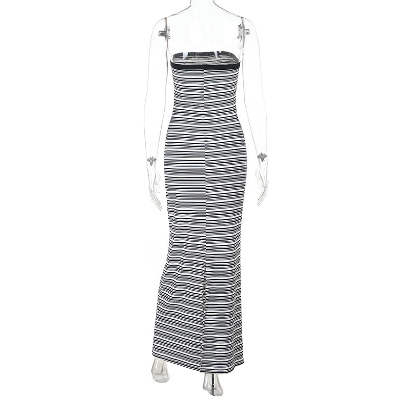 Striped Strapless Waist-Cinching Pencil Long Dress