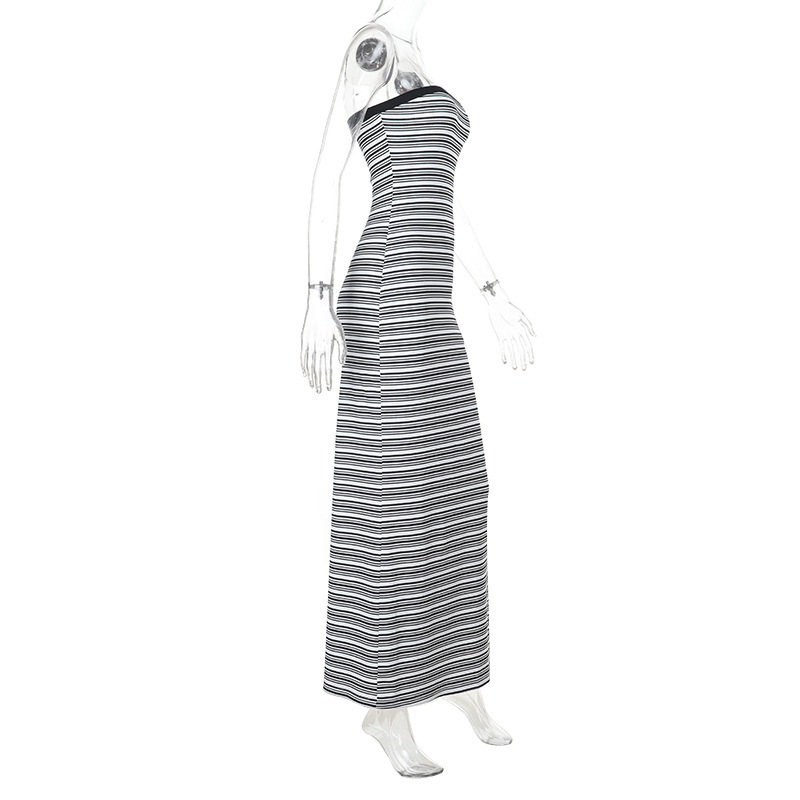 Striped Strapless Waist-Cinching Pencil Long Dress