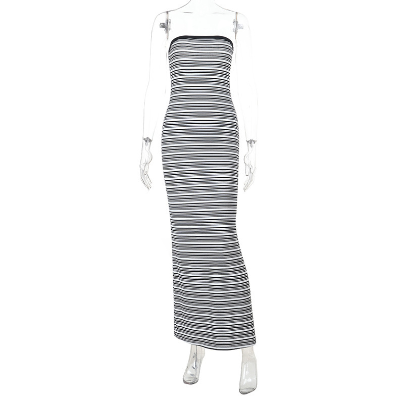 Striped Strapless Waist-Cinching Pencil Long Dress