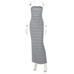 Striped Strapless Waist-Cinching Pencil Long Dress