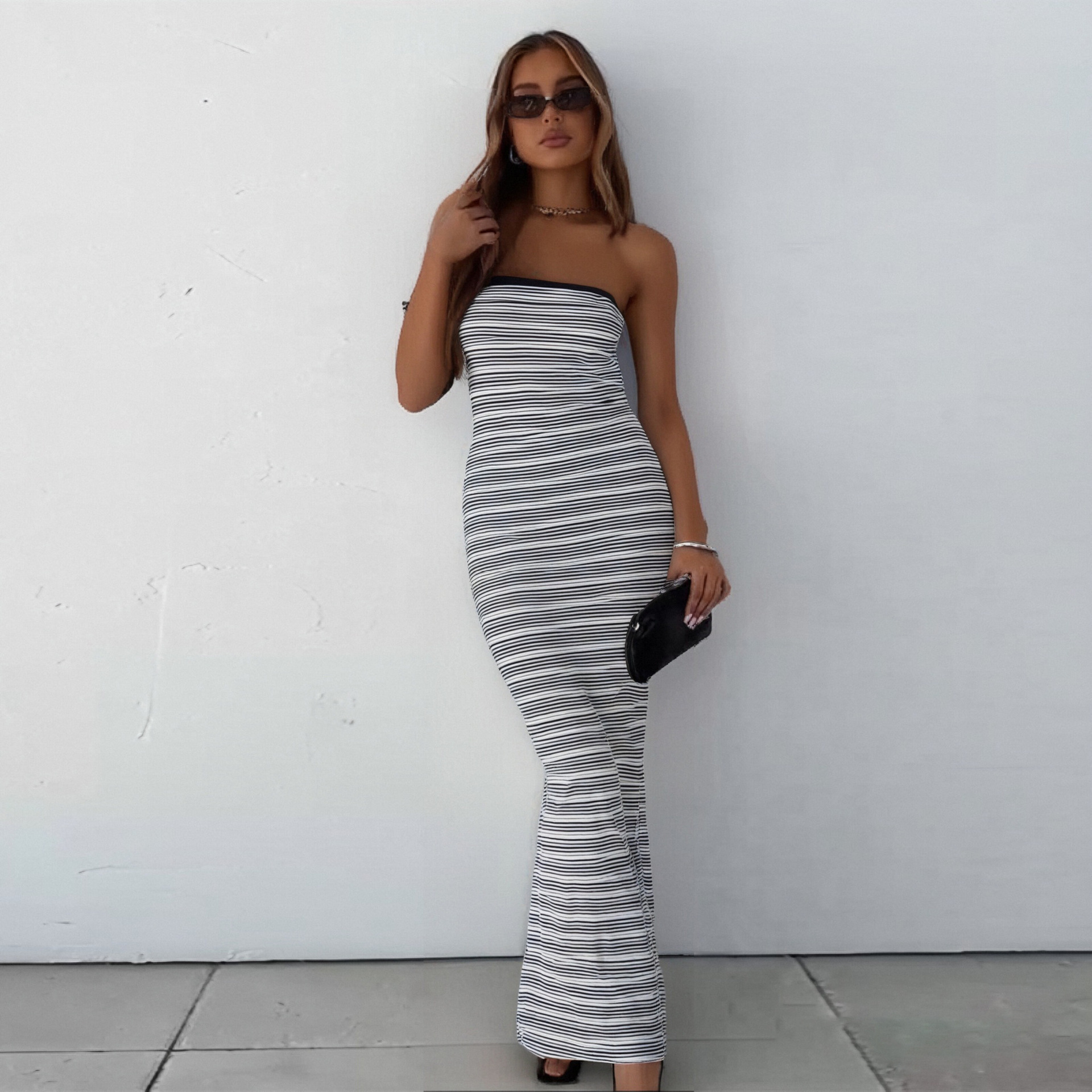 Striped Strapless Waist-Cinching Pencil Long Dress