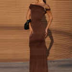 Off-the-Shoulder Ruched Backless High-Slit Long Dress