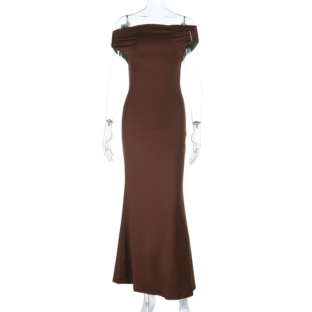Off-the-Shoulder Ruched Backless High-Slit Long Dress