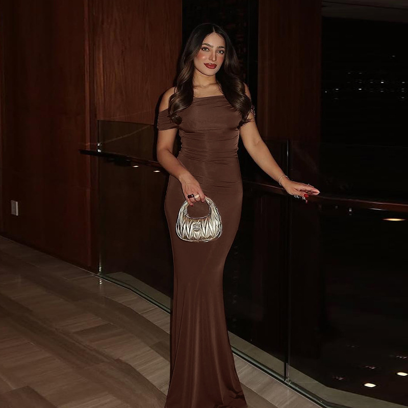 Off-the-Shoulder Ruched Backless High-Slit Long Dress