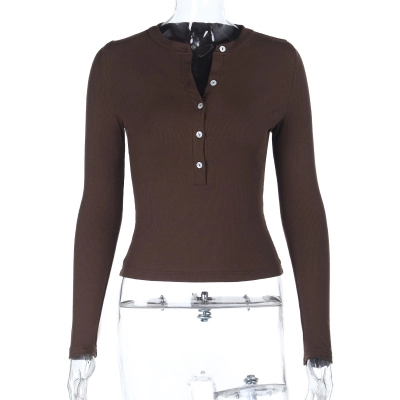 Basic Round Neck Button-Up Long Sleeve T-Shirt 01