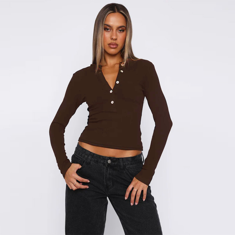 Basic Round Neck Button-Up Long Sleeve T-Shirt