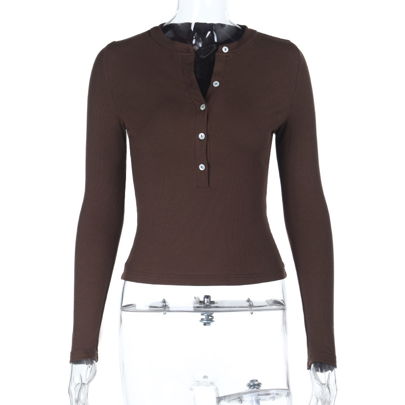 Basic Round Neck Button-Up Long Sleeve T-Shirt