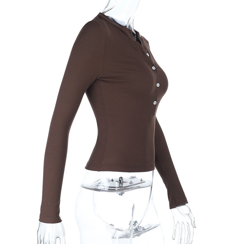 Basic Round Neck Button-Up Long Sleeve T-Shirt