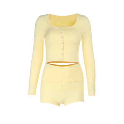 U-Neck Long Sleeve Top & High-Waisted Shorts Set 01