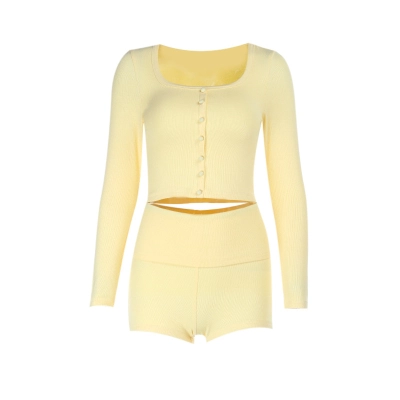 U-Neck Long Sleeve Top & High-Waisted Shorts Set 01