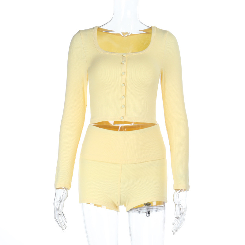 U-Neck Long Sleeve Top & High-Waisted Shorts Set