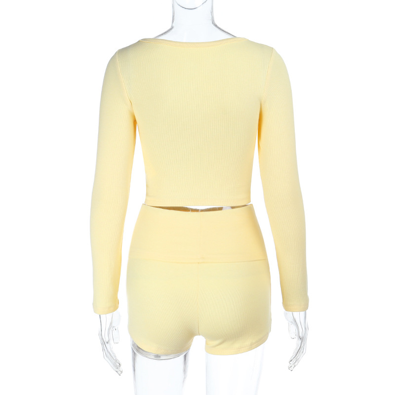 U-Neck Long Sleeve Top & High-Waisted Shorts Set