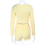 U-Neck Long Sleeve Top & High-Waisted Shorts Set