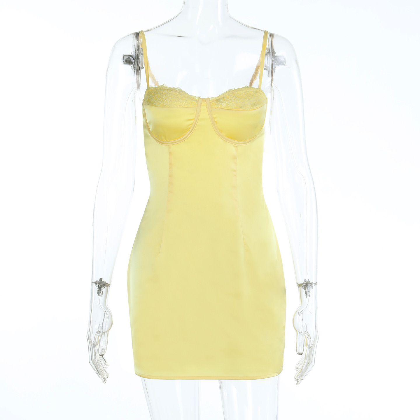 Solid Color Backless Spaghetti Strap Lace-Trimmed Short Dress