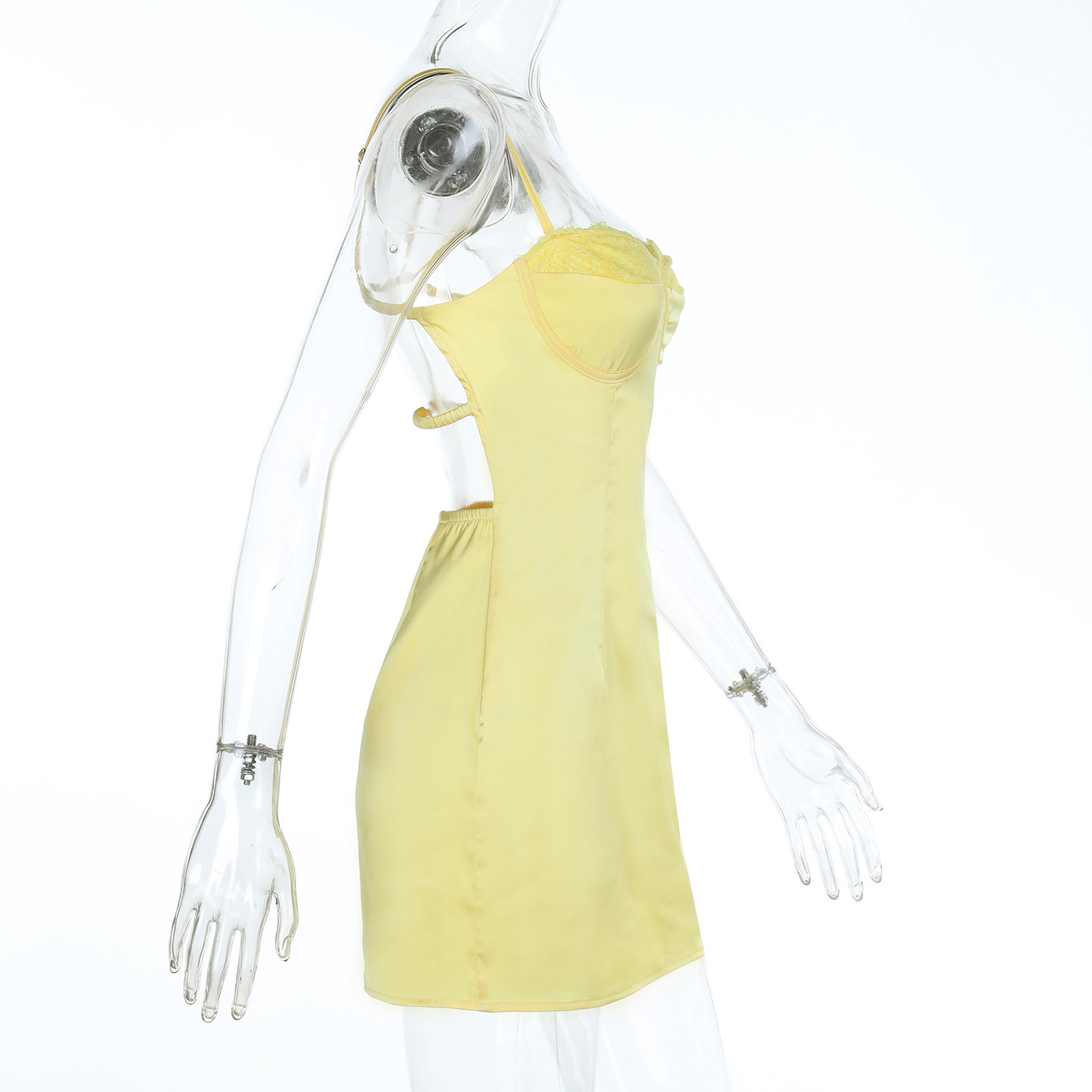 Solid Color Backless Spaghetti Strap Lace-Trimmed Short Dress