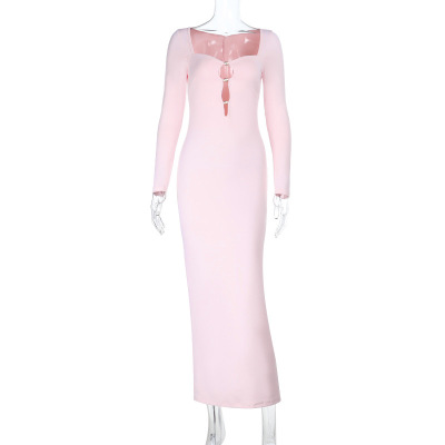 Square Neck Cutout Fitted Long Sleeve Maxi Dress 01