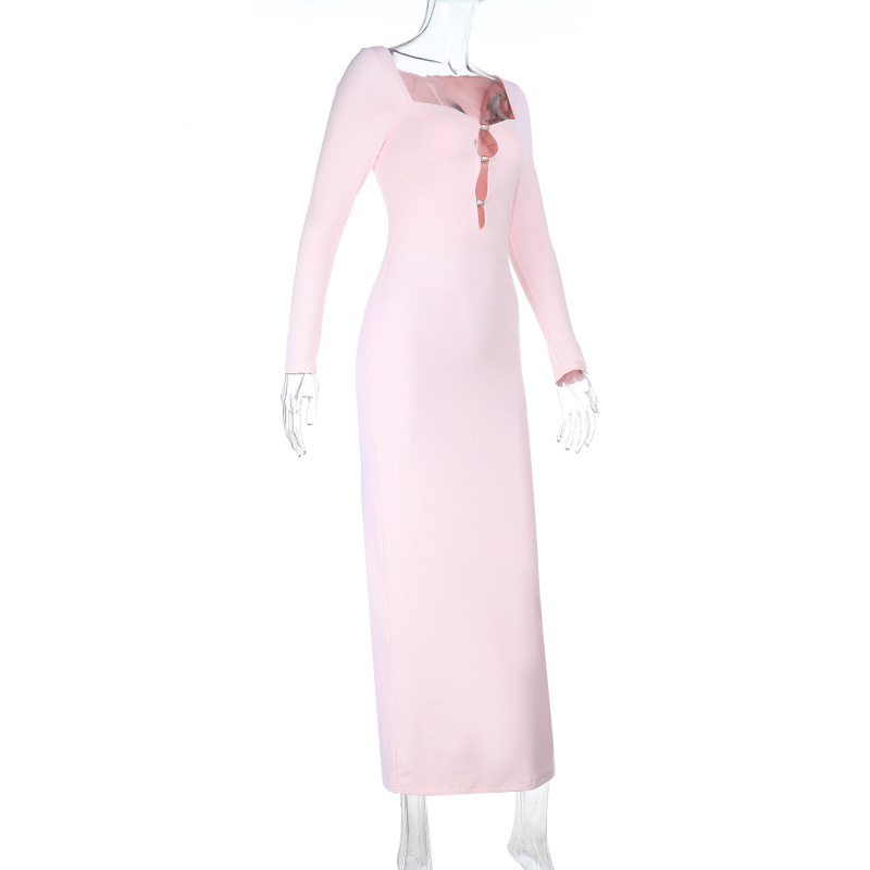 Square Neck Cutout Fitted Long Sleeve Maxi Dress