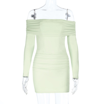 Off-the-Shoulder Long Sleeve Waist-Cinching Fitted Mini Dress 01