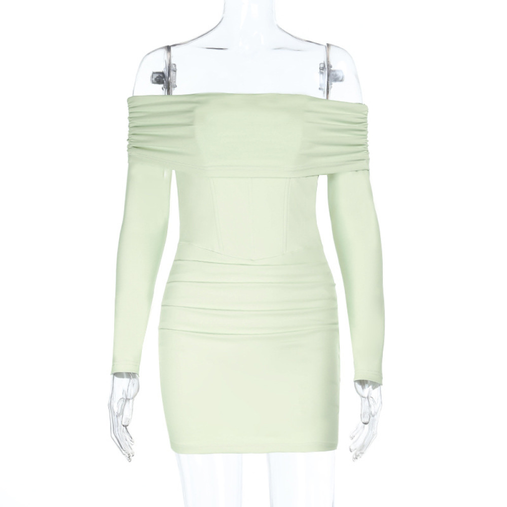 Off-the-Shoulder Long Sleeve Waist-Cinching Fitted Mini Dress