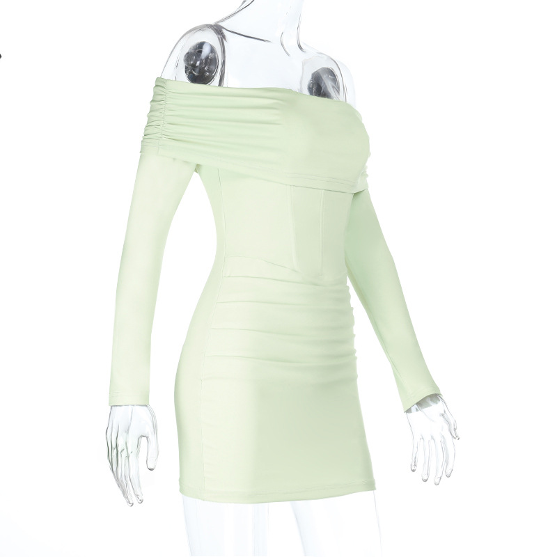 Off-the-Shoulder Long Sleeve Waist-Cinching Fitted Mini Dress