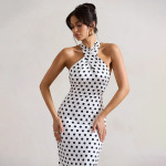 Halter Neck Polka Dot Waist-Cinching Bodycon Mini Dress