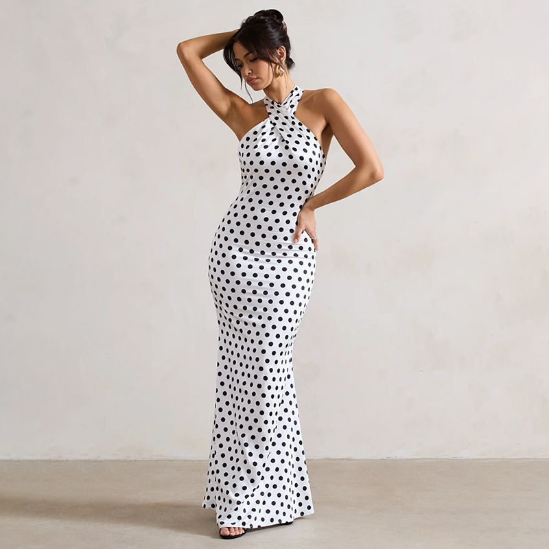 Halter Neck Polka Dot Waist-Cinching Bodycon Mini Dress