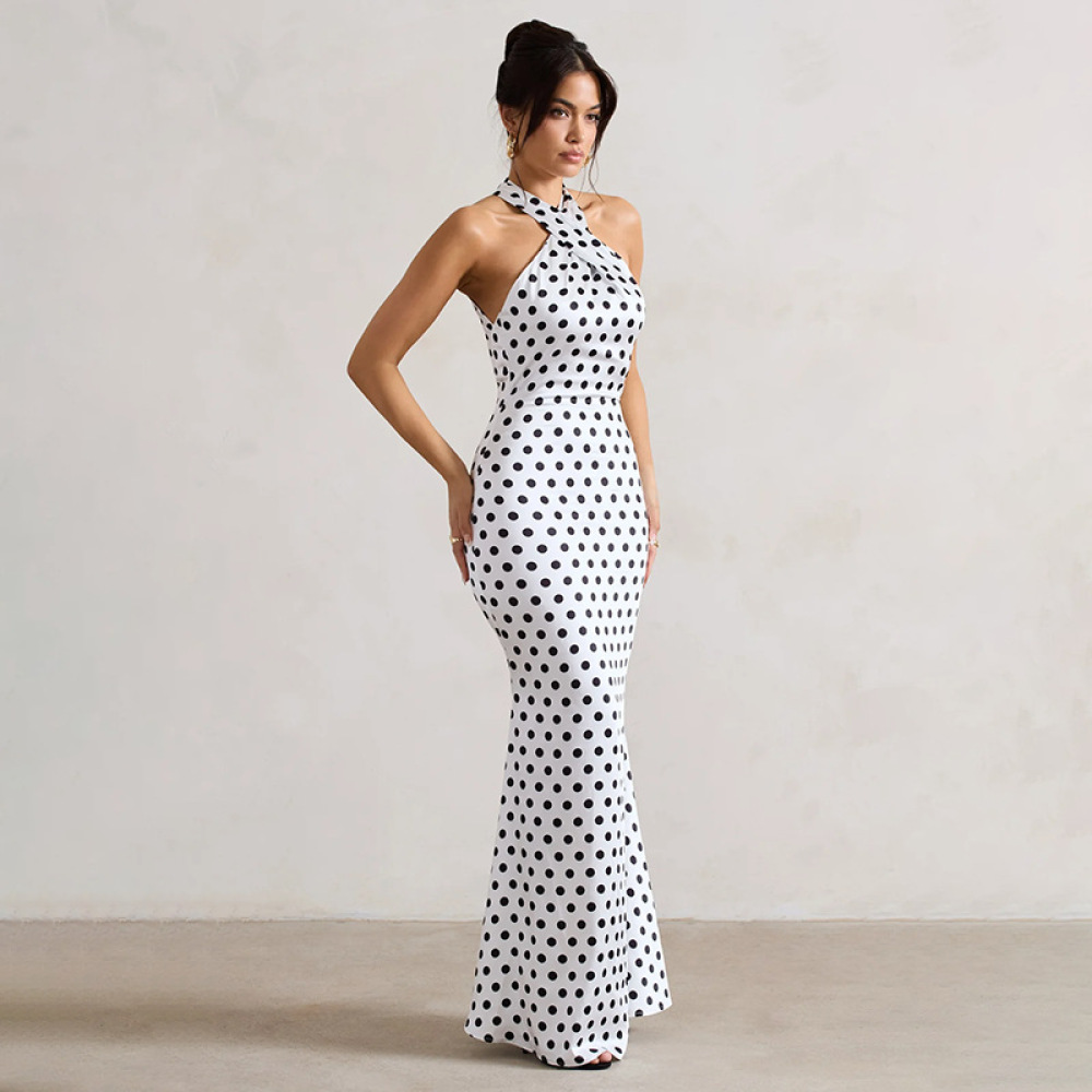 Halter Neck Polka Dot Waist-Cinching Bodycon Mini Dress