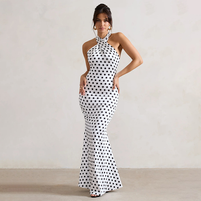 Halter Neck Polka Dot Waist-Cinching Bodycon Mini Dress