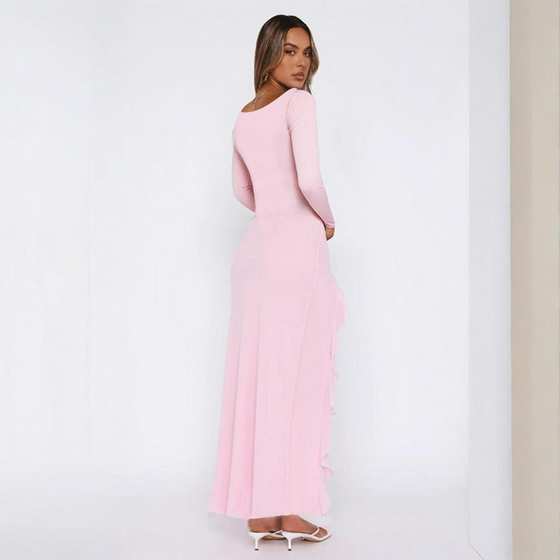 Deep V Neck Long Sleeve Ruffled Slit Dress