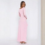 Deep V Neck Long Sleeve Ruffled Slit Dress