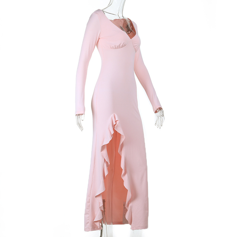 Deep V Neck Long Sleeve Ruffled Slit Dress