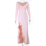 Deep V Neck Long Sleeve Ruffled Slit Dress