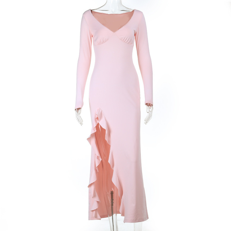 Deep V Neck Long Sleeve Ruffled Slit Dress