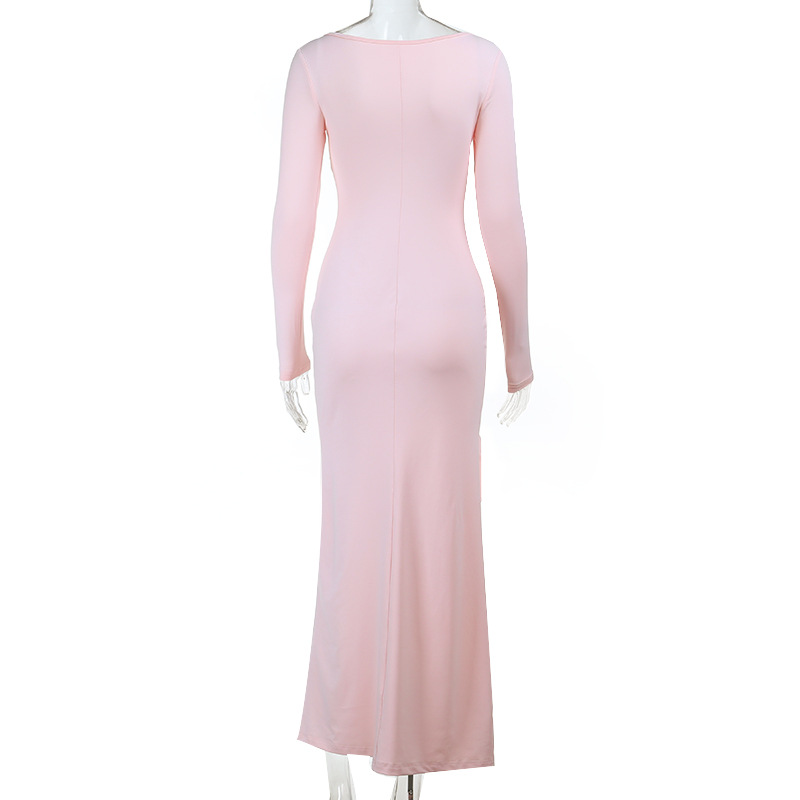 Deep V Neck Long Sleeve Ruffled Slit Dress