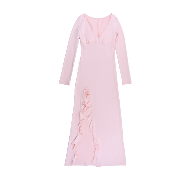 Deep V Neck Long Sleeve Ruffled Slit Dress