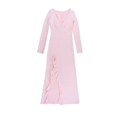 Deep V Neck Long Sleeve Ruffled Slit Dress 01