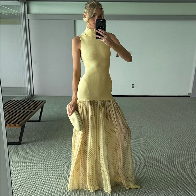 French Style Low V-Neck Tank Maxi Dress with Sheer Mesh Overlay