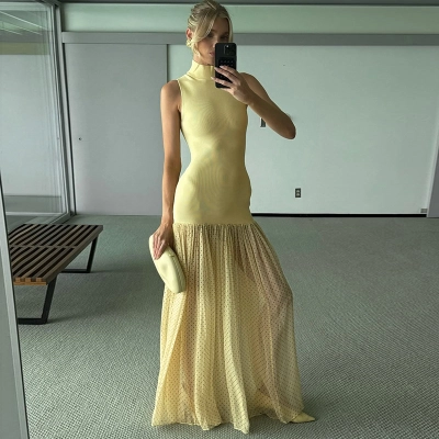 French Style Low V-Neck Tank Maxi Dress with Sheer Mesh Overlay 02