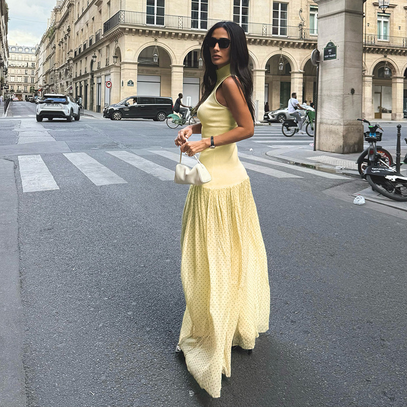 French Style Low V-Neck Tank Maxi Dress with Sheer Mesh Overlay