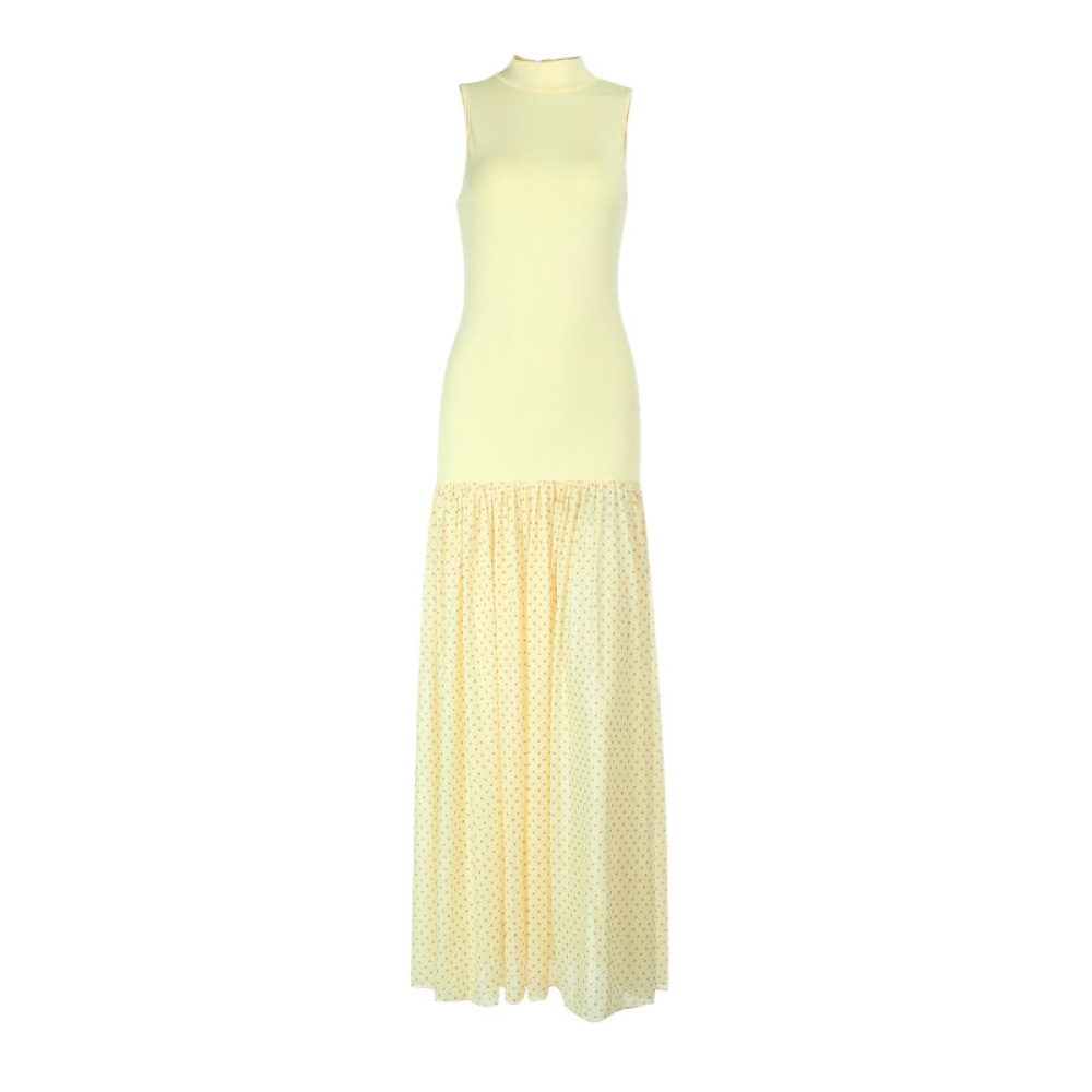 French Style Low V-Neck Tank Maxi Dress with Sheer Mesh Overlay