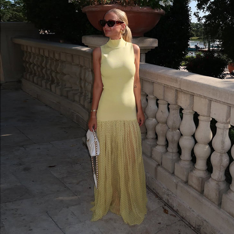 French Style Low V-Neck Tank Maxi Dress with Sheer Mesh Overlay