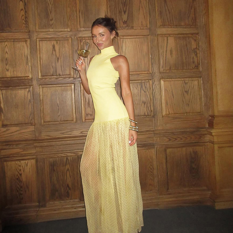 French Style Low V-Neck Tank Maxi Dress with Sheer Mesh Overlay