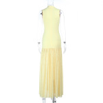 French Style Low V-Neck Tank Maxi Dress with Sheer Mesh Overlay