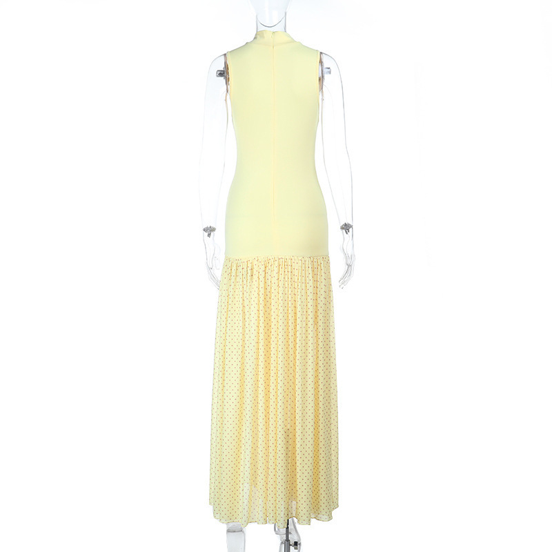 French Style Low V-Neck Tank Maxi Dress with Sheer Mesh Overlay