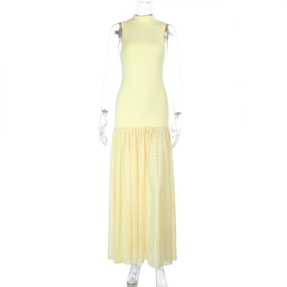 French Style Low V-Neck Tank Maxi Dress with Sheer Mesh Overlay