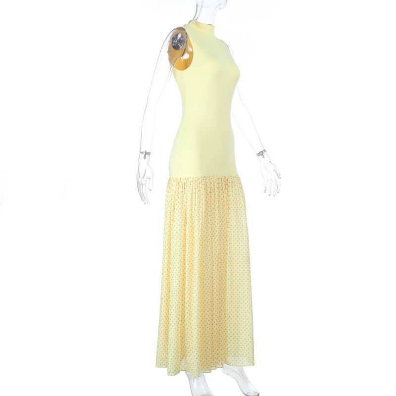 French Style Low V-Neck Tank Maxi Dress with Sheer Mesh Overlay