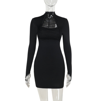 Sexy Cut-Out Waist Tie Long Sleeve Bodycon Mini Dress 01
