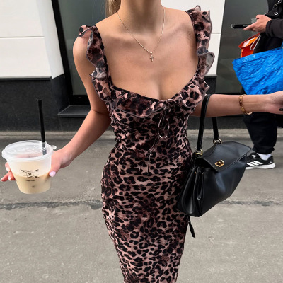 French Y2K Leopard Print Ruffled V-Neck Bodycon Mini Dress 02