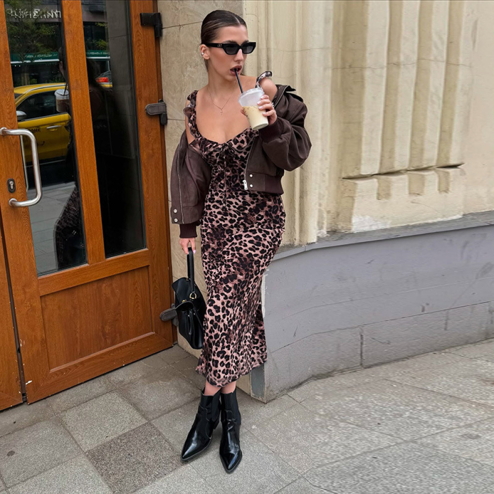 French Y2K Leopard Print Ruffled V-Neck Bodycon Mini Dress
